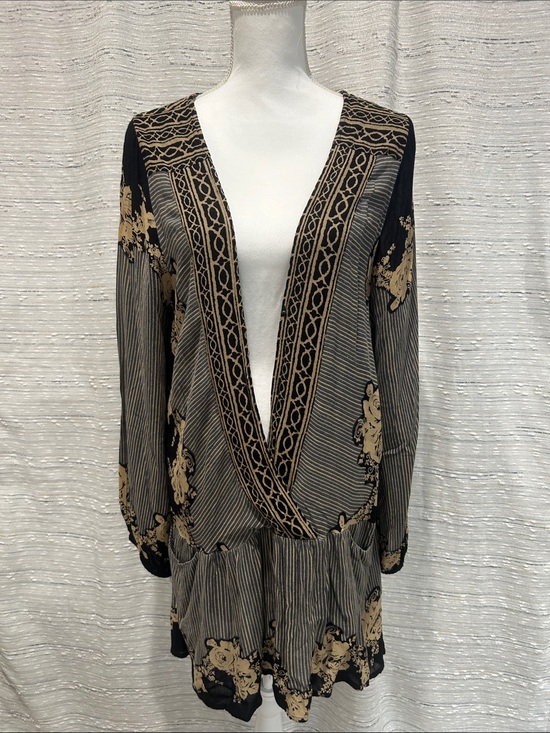 Free People Tops - Free People Black and Beige Floral Patchwork Tunic Dress